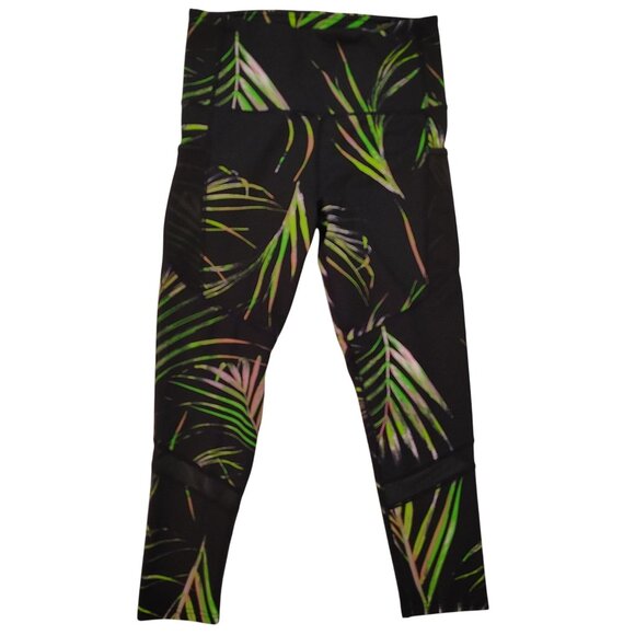 BSP Tropical Palm Print Leggings Womens XL Black Green High-Waisted Pockets - Picture 2 of 14